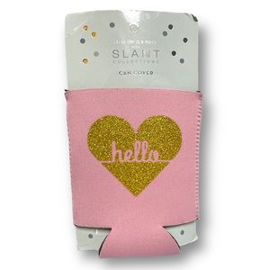 Slant Pink Gold Glitter Heart Hello Vacation Beach Can Cover with Card Holder